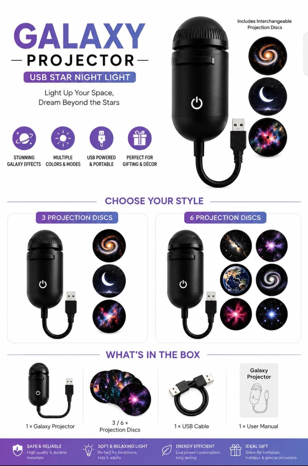 Galaxy Dream Projector – USB Star Night Light with 6 and 3 Projection Discs