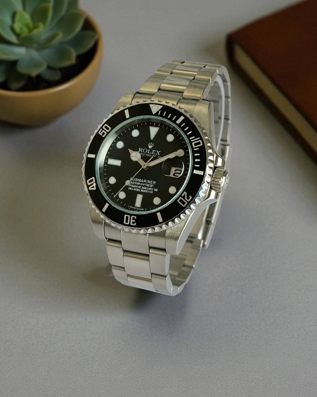 Luxury Rolex Black Dial Silver Stainless Steel Rotating Bezel Watch for Men