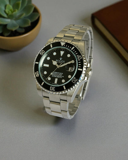 Luxury Rolex Black Dial Silver Stainless Steel Rotating Bezel Watch for Men