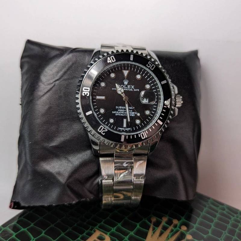 Luxury Rolex Black Dial Silver Stainless Steel Rotating Bezel Watch for Men